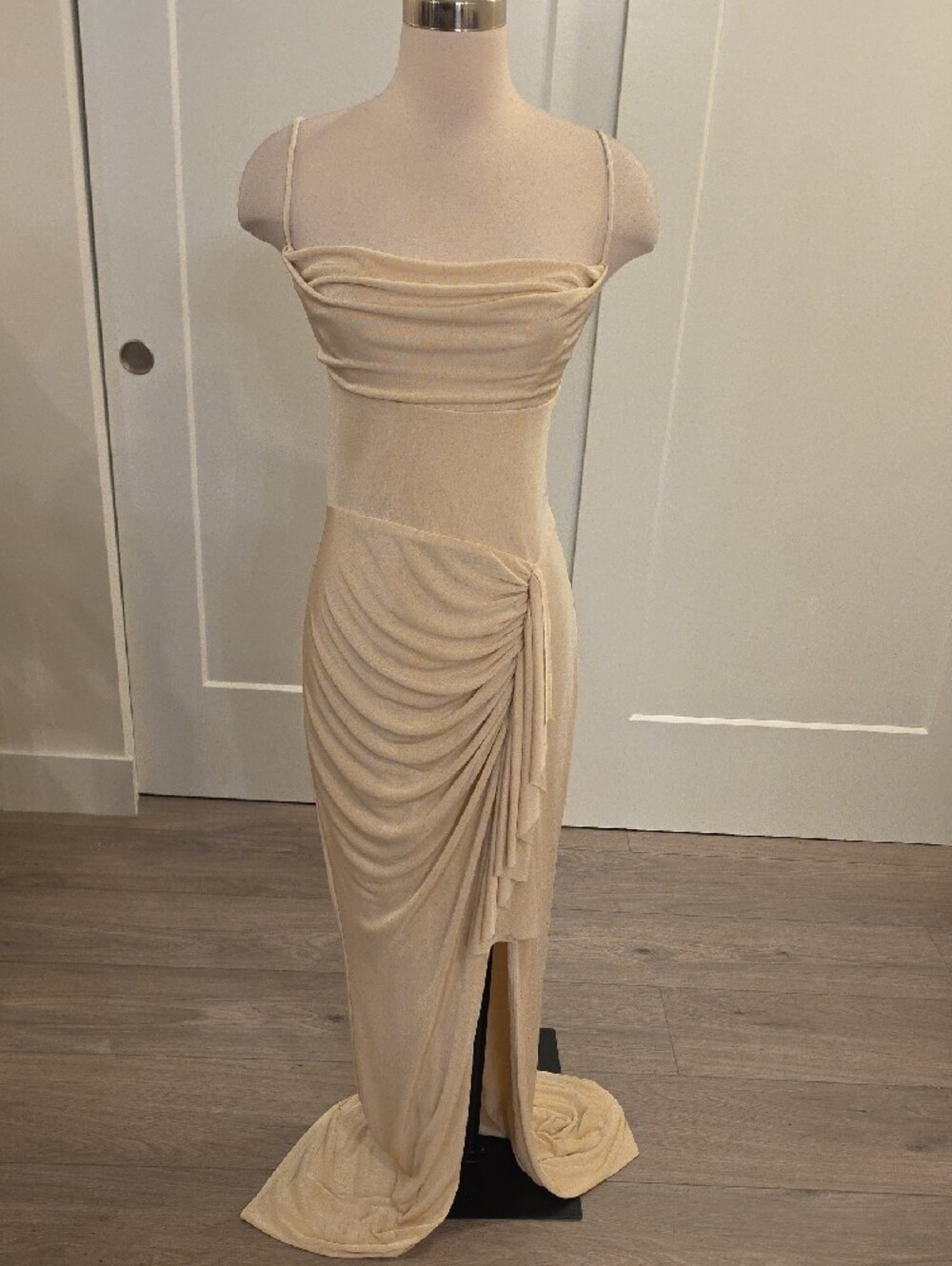 Katie May champagne ruched Maxi Dress with draped back size L new with tags